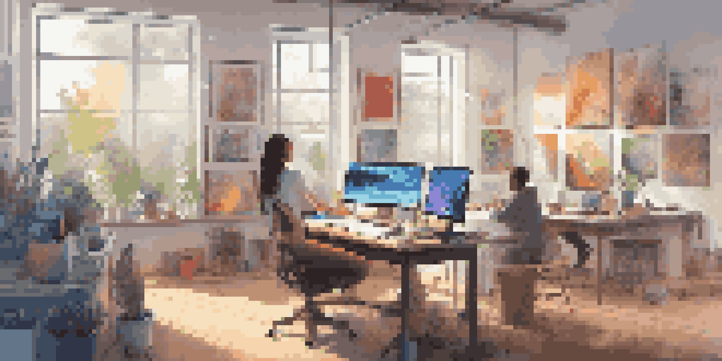 A digital art studio with colorful artwork displayed on screens, natural light illuminating an artist working at a desk.