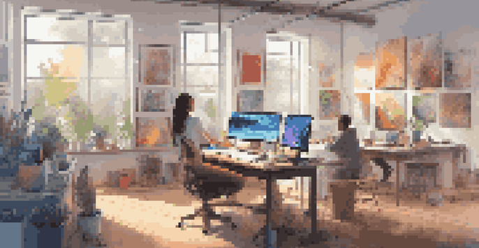 A digital art studio with colorful artwork displayed on screens, natural light illuminating an artist working at a desk.