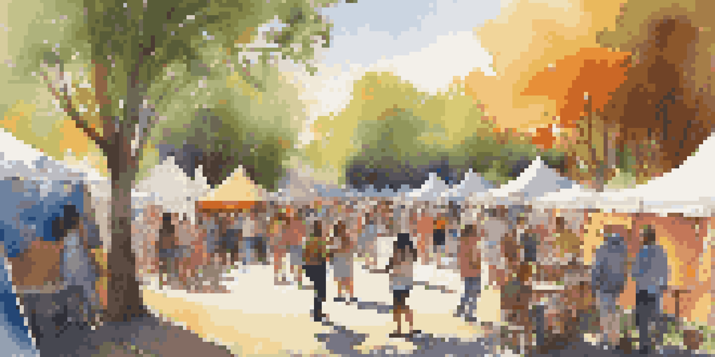 A lively outdoor art festival with diverse artists collaborating under colorful tents, surrounded by people of different backgrounds enjoying the event.
