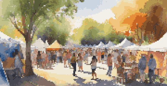 A lively outdoor art festival with diverse artists collaborating under colorful tents, surrounded by people of different backgrounds enjoying the event.