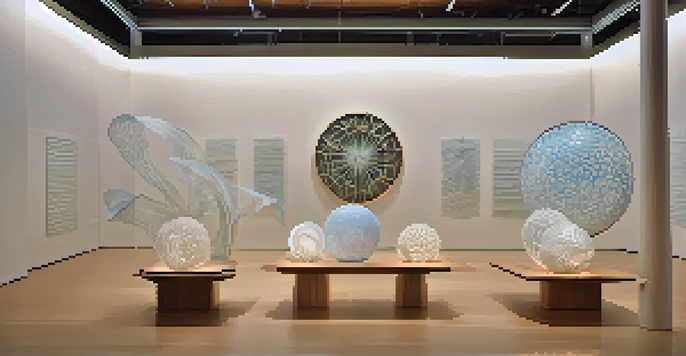 An artistic installation showcasing sculptures that merge natural patterns and scientific data, illuminated by soft lighting.