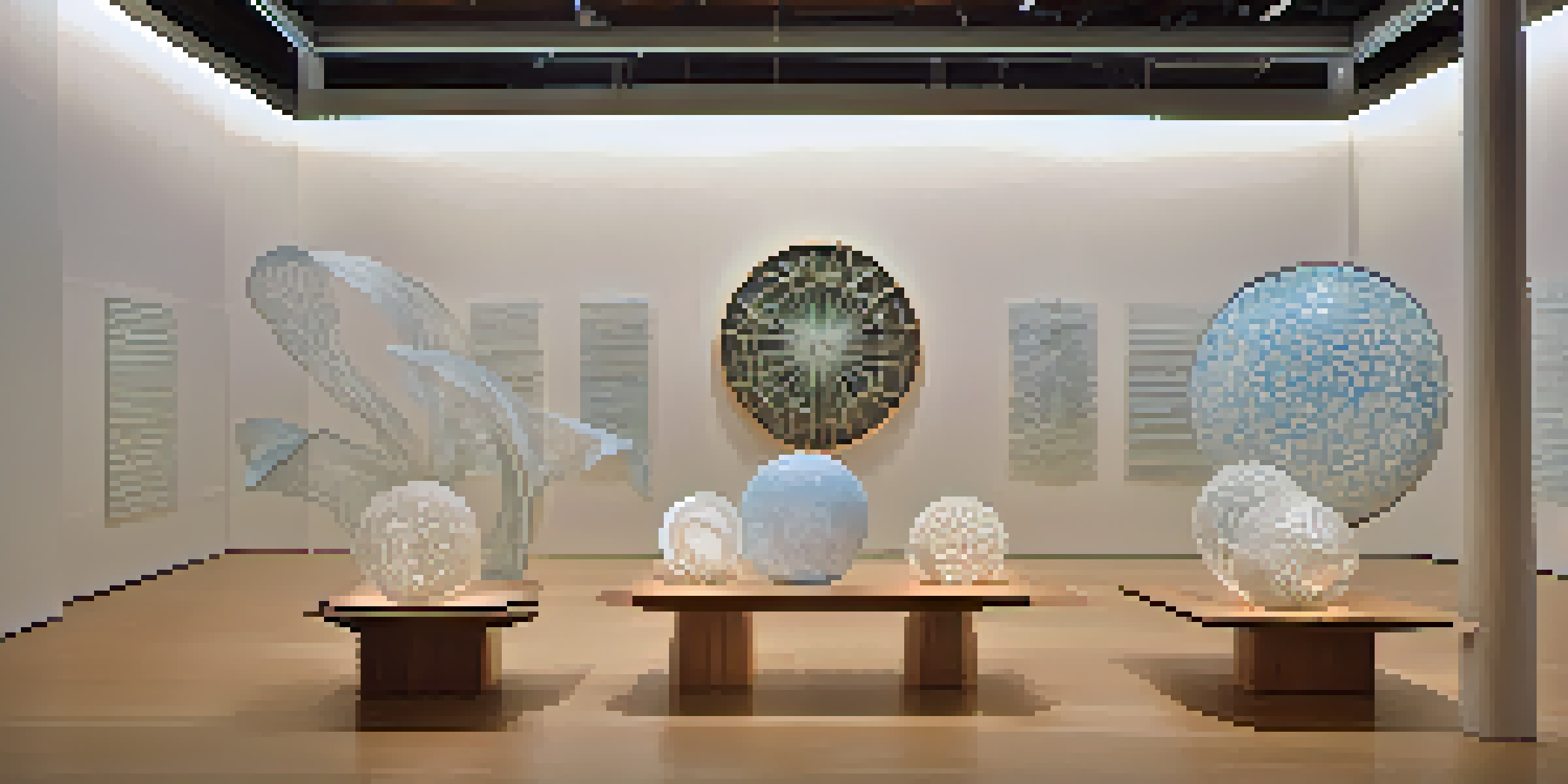 An artistic installation showcasing sculptures that merge natural patterns and scientific data, illuminated by soft lighting.
