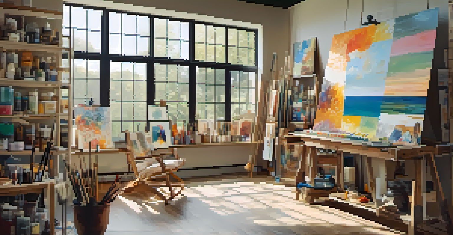 An artist's studio brimming with art supplies and canvases, filled with natural light and vibrant colors.