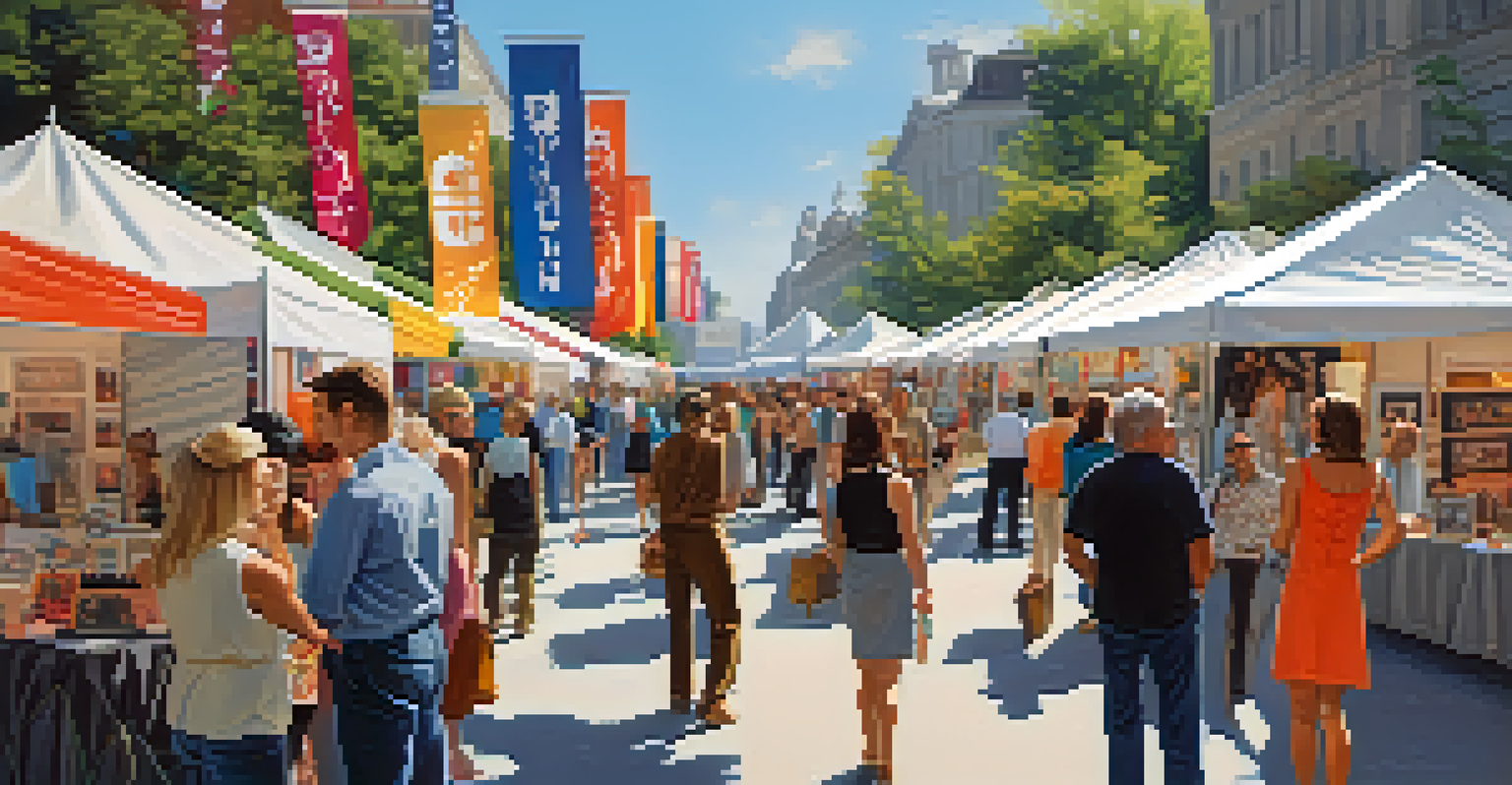 A lively art fair with various booths, artists and collectors engaging with each other amidst colorful artworks and banners.