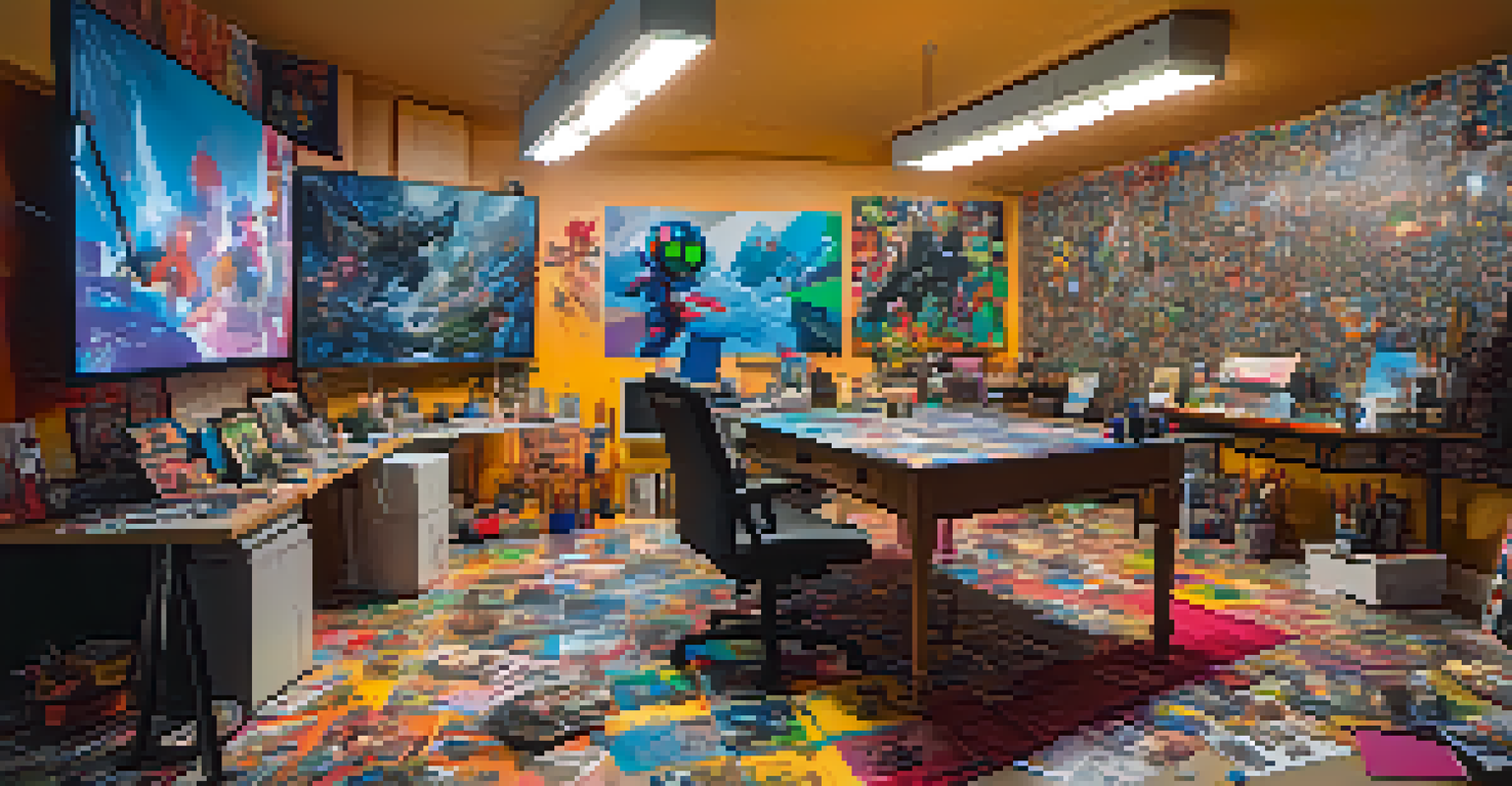 An artist in a colorful studio surrounded by digital screens of pop culture references, with a large mixed media canvas in the background.