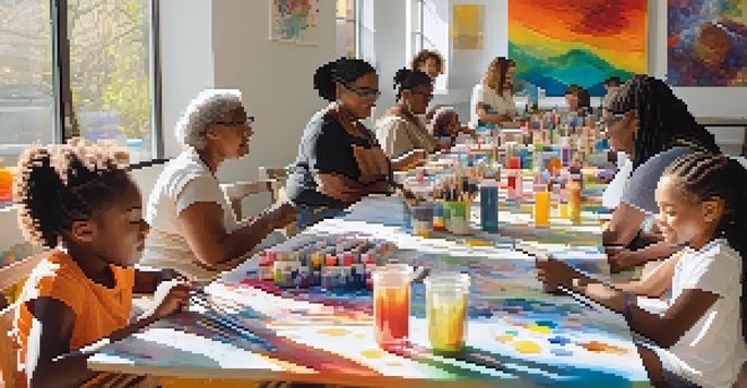 A group of diverse individuals in a bright room, participating in an art therapy session, creating colorful artworks together.