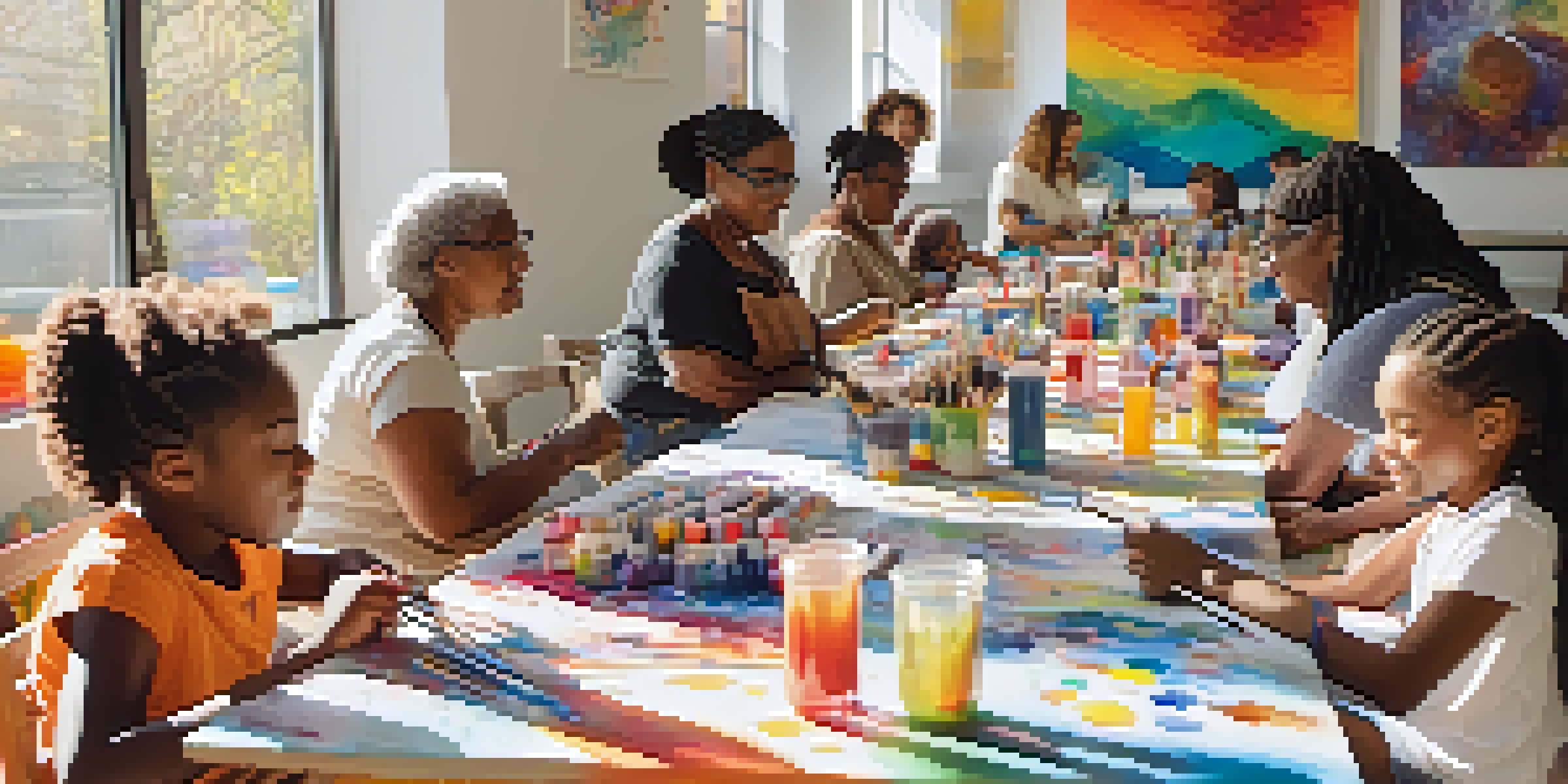 A group of diverse individuals in a bright room, participating in an art therapy session, creating colorful artworks together.