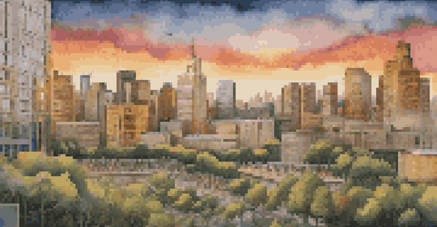 An urban setting with a large mural on social justice, highlighted by a sunset glow and surrounded by a cityscape.