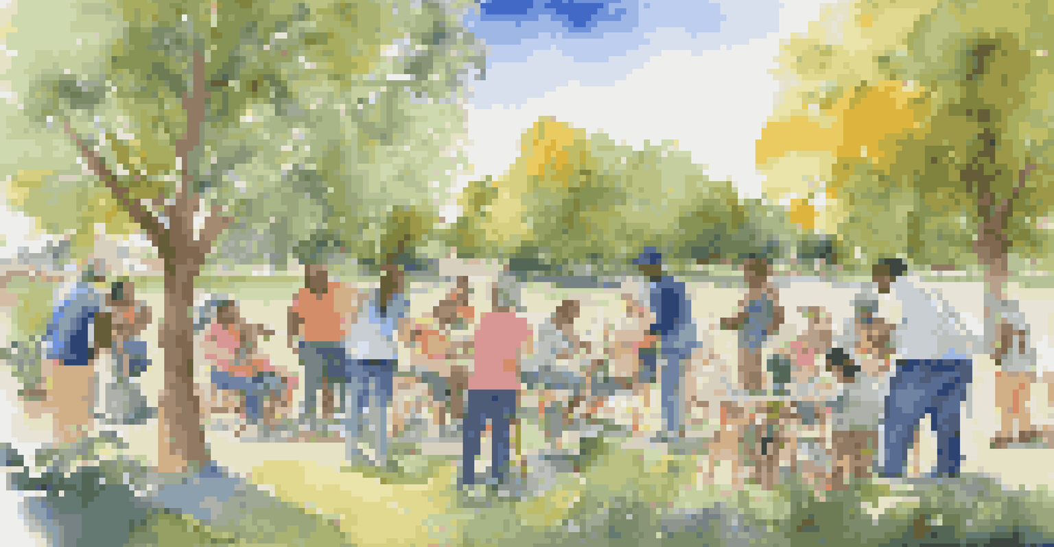 A vibrant outdoor art workshop with community members of various ages creating a collaborative mural under a sunny sky with trees.