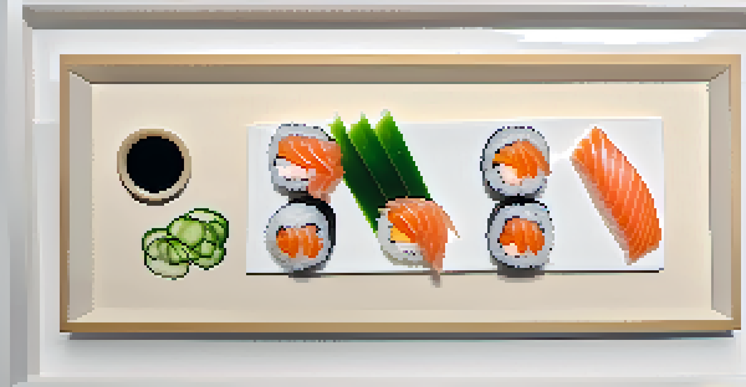 A minimalist sushi platter with sashimi, wasabi, and pickled ginger on a white plate, emphasizing simplicity and freshness.