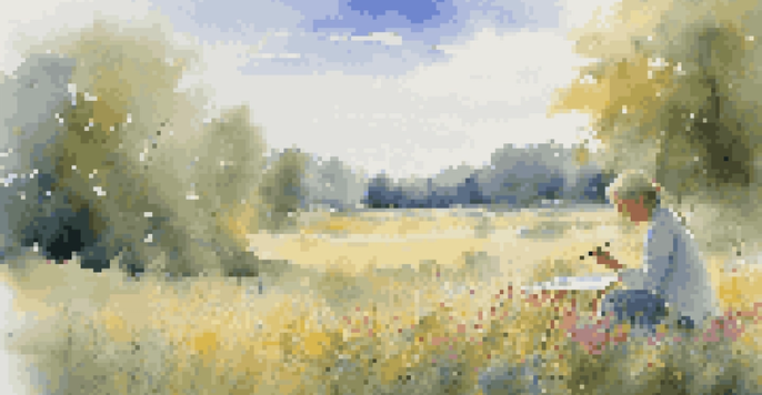 A woman painting in a sunny meadow filled with wildflowers, focusing on her canvas.