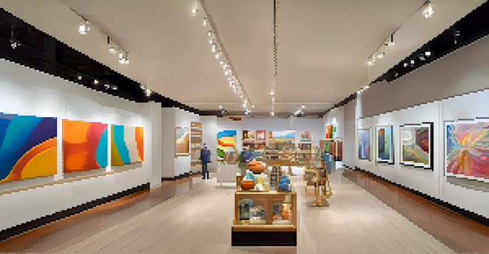 A modern retail store resembling an art gallery, showcasing abstract sculptures and colorful murals, with warm lighting and shoppers exploring the space.