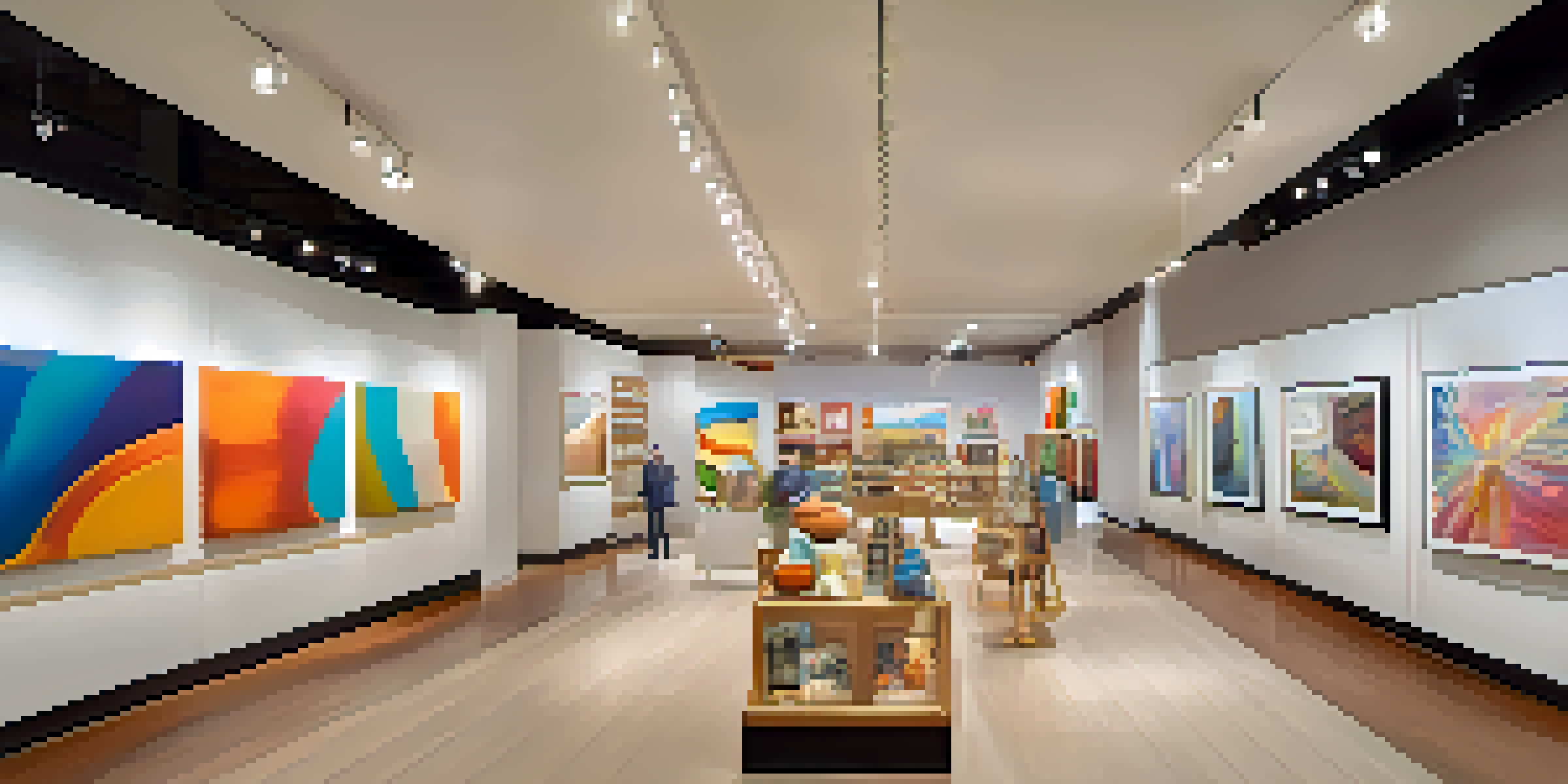 A modern retail store resembling an art gallery, showcasing abstract sculptures and colorful murals, with warm lighting and shoppers exploring the space.