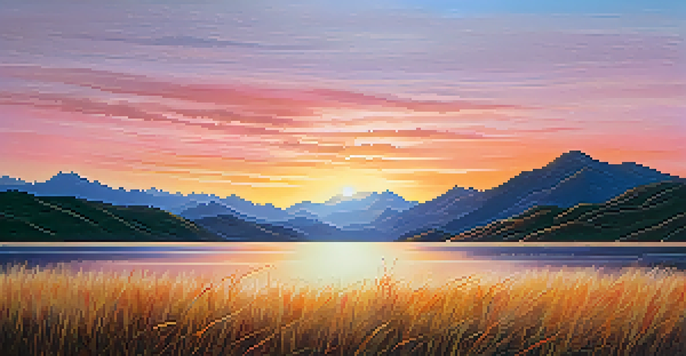 A picturesque sunset over a calm lake, with warm colors reflecting on the water and soft grasses in the foreground.