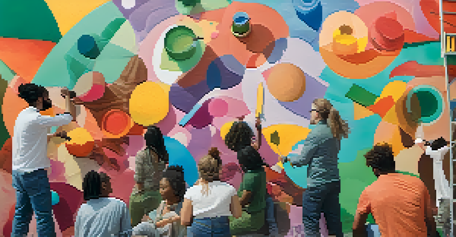 Diverse artists collaborating on a large outdoor mural, using bright paints and unconventional tools, creating a colorful and playful artwork.