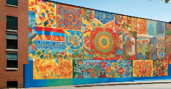 A colorful mural on a city wall depicting community unity and social justice themes, with vibrant colors and expressive figures.