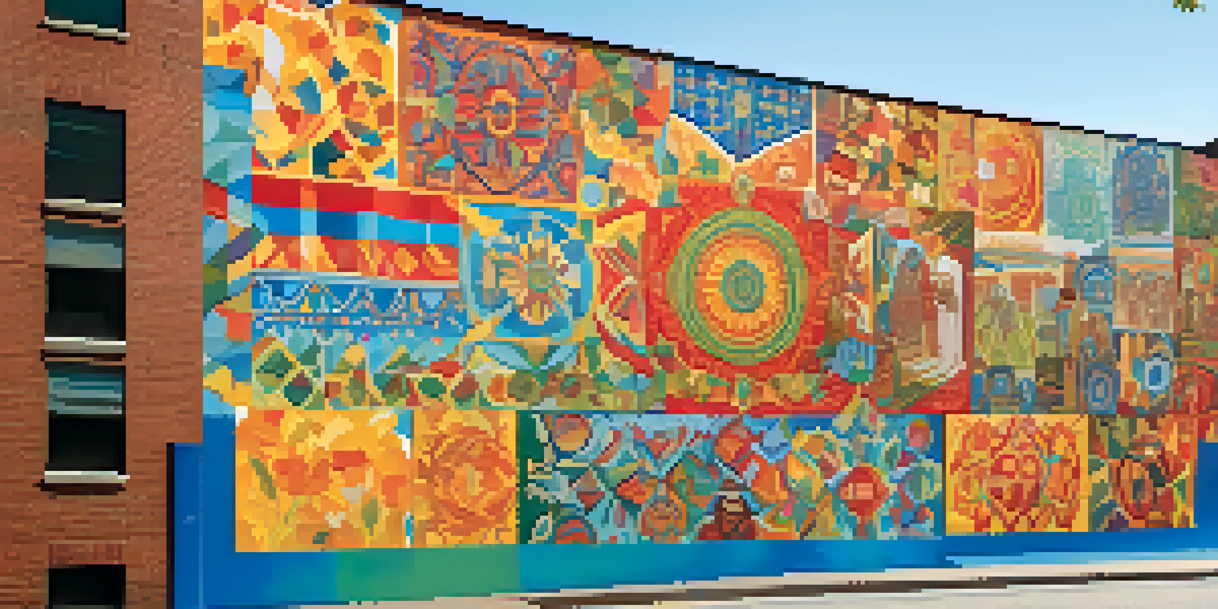 A colorful mural on a city wall depicting community unity and social justice themes, with vibrant colors and expressive figures.