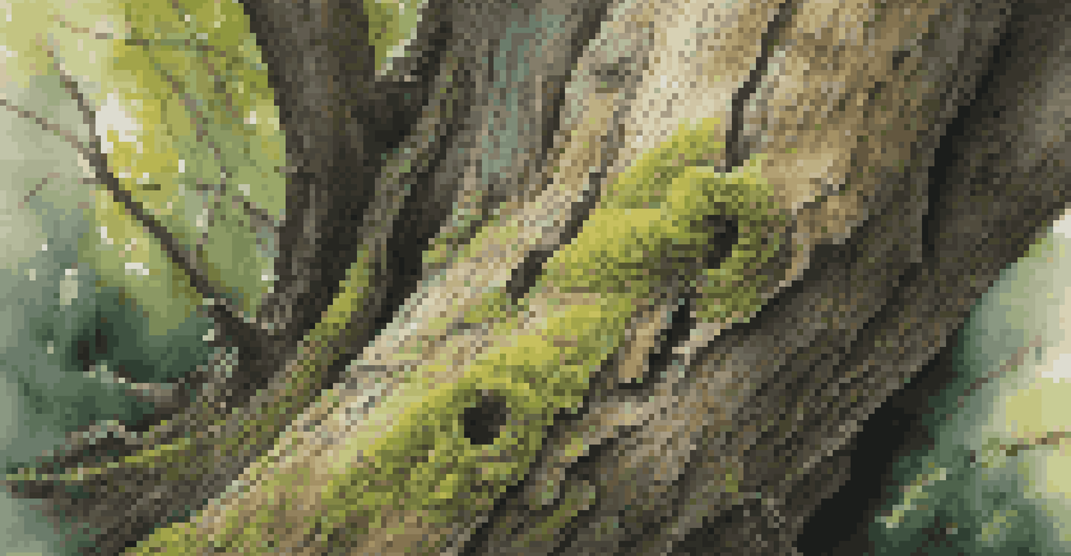 A close-up view of a textured tree trunk covered in moss, with sunlight creating patterns on the ground.