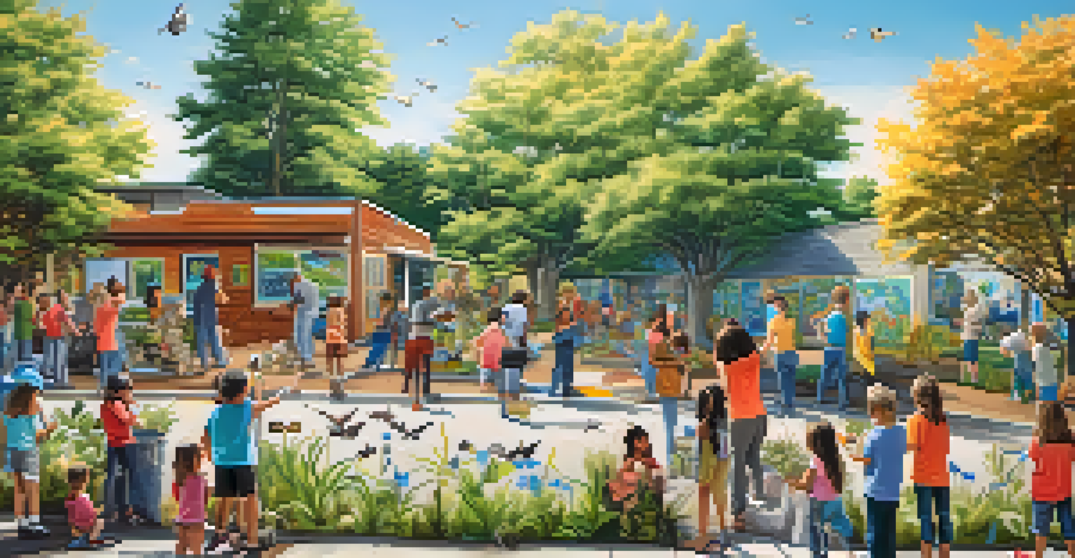 A community mural project where people paint local wildlife and plants with recycled materials, set against a sunny day with trees and a blue sky.