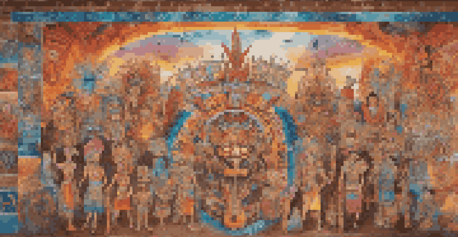 A colorful mural showcasing cultural symbols and figures from different oral traditions, featuring drums, masks, and mythical creatures on a brick wall.