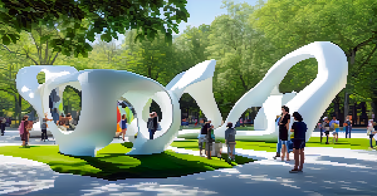 Large abstract sculptures in a park with visitors interacting and taking photos.