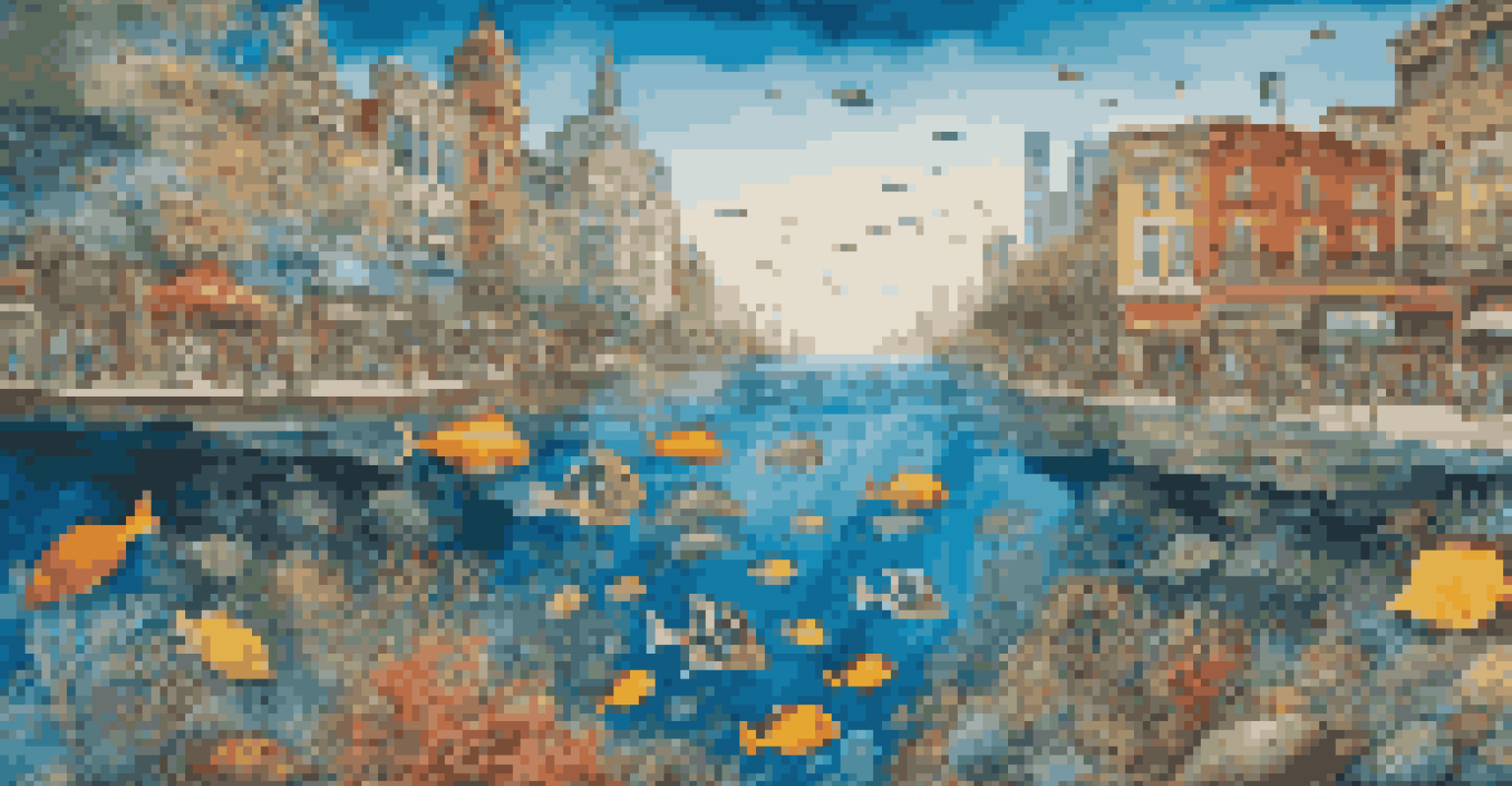A colorful mural of an underwater scene made from recycled materials, showcasing marine life in a city park with people admiring it.