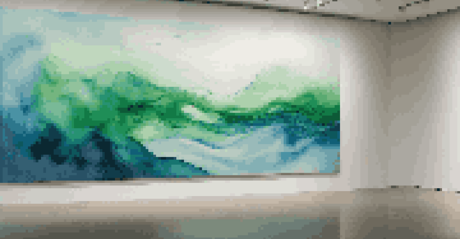 An abstract digital artwork interpreting climate change, displayed in a modern gallery with soft lighting.