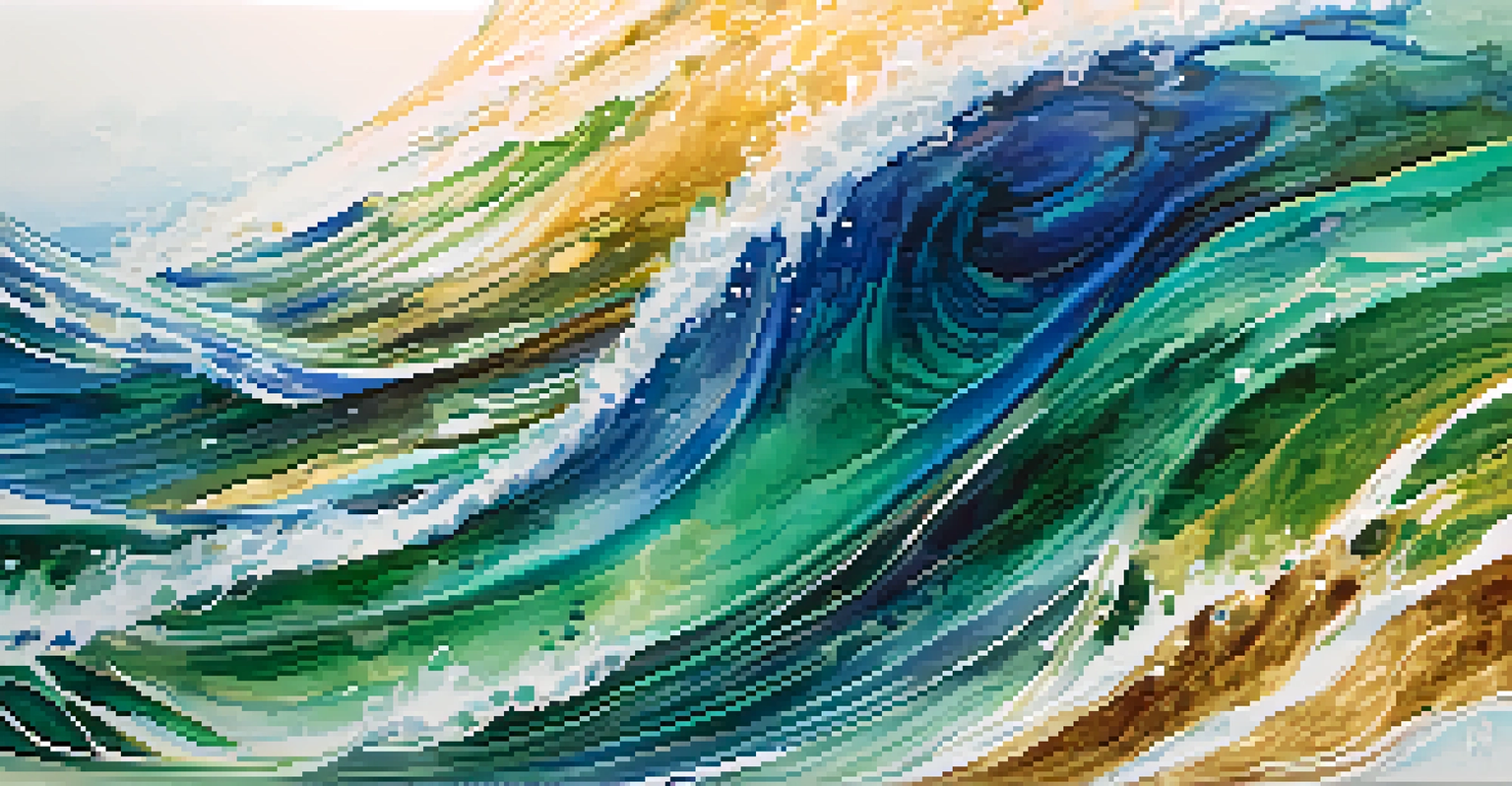 A dynamic abstract watercolor painting with swirling colors, resembling ocean waves.