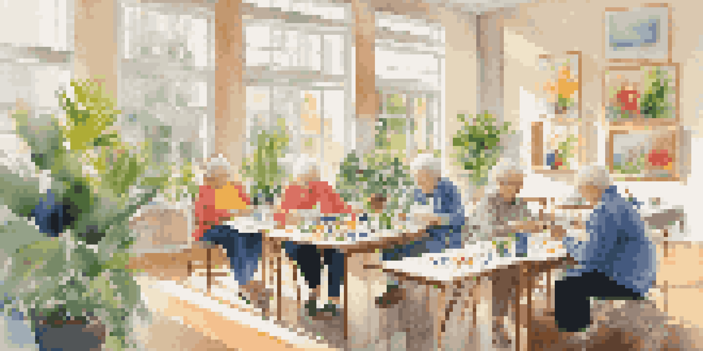 A group of seniors participating in an art therapy session, painting on canvases in a bright room with natural light.