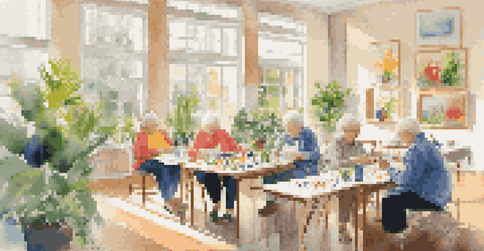 A group of seniors participating in an art therapy session, painting on canvases in a bright room with natural light.