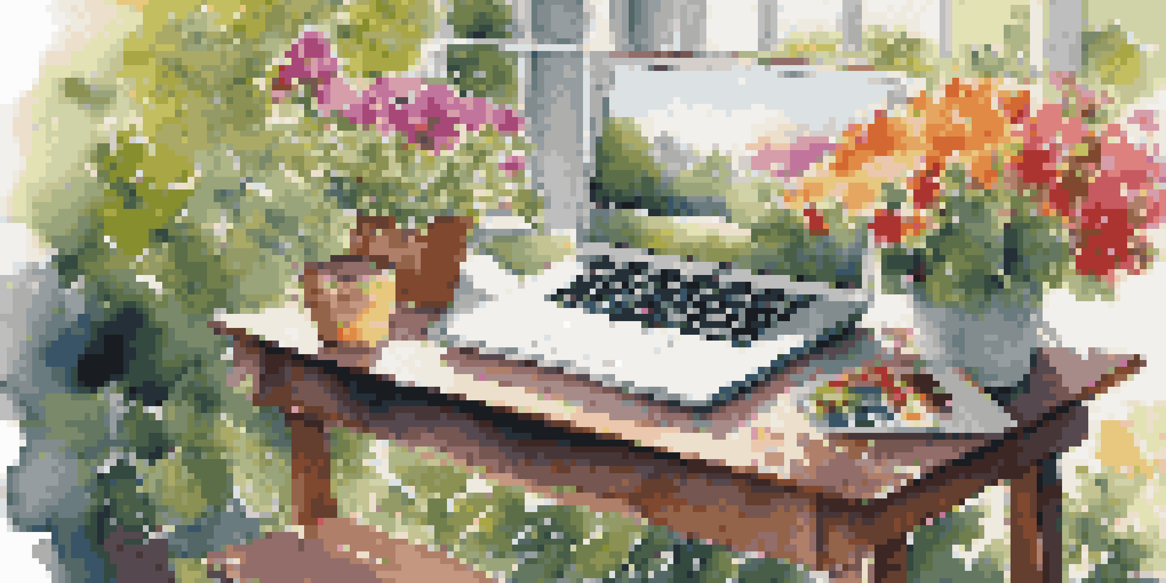 An inviting outdoor workspace with a wooden table, laptop, sketchbook, and art supplies surrounded by colorful flowers and greenery, illuminated by soft sunlight.