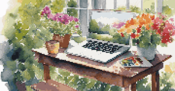 An inviting outdoor workspace with a wooden table, laptop, sketchbook, and art supplies surrounded by colorful flowers and greenery, illuminated by soft sunlight.