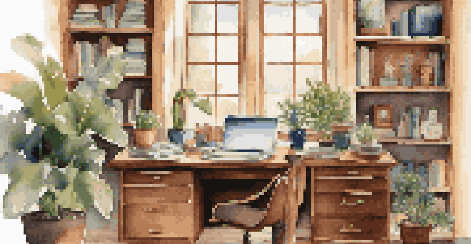 An art collector's home office with a wooden desk and shelves filled with art pieces.