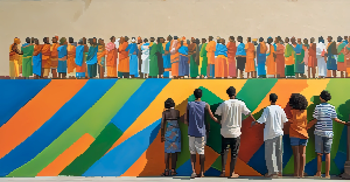 A colorful urban mural showing diverse individuals standing together in solidarity, highlighted by warm sunlight.