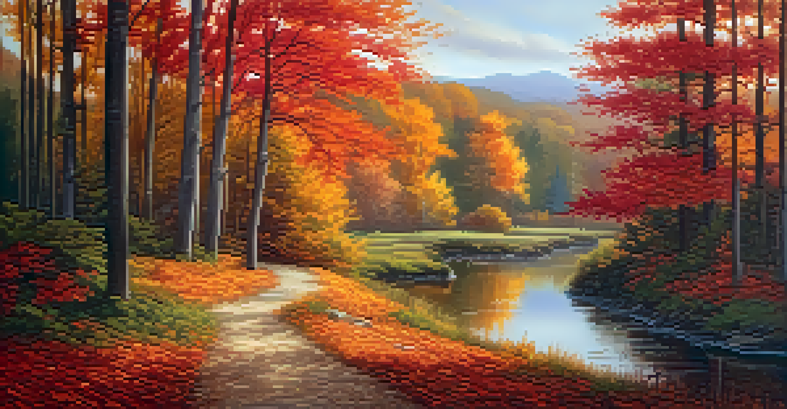 A beautiful autumn landscape featuring colorful trees with red, orange, and yellow leaves, a path through the forest, and a pond reflecting the scenery.
