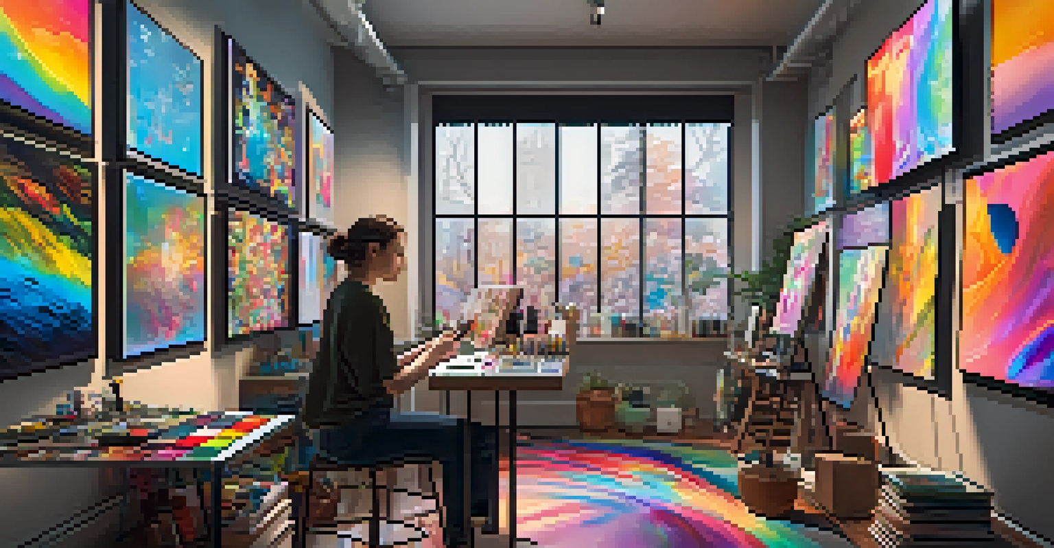 An artist working in a cozy studio with digital screens displaying colorful NFT artwork.