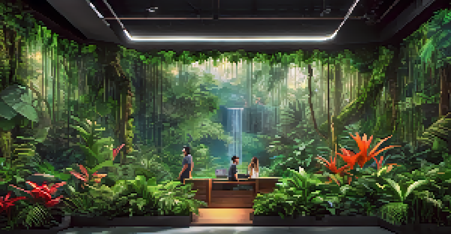 An immersive rainforest art installation with visitors using VR headsets.