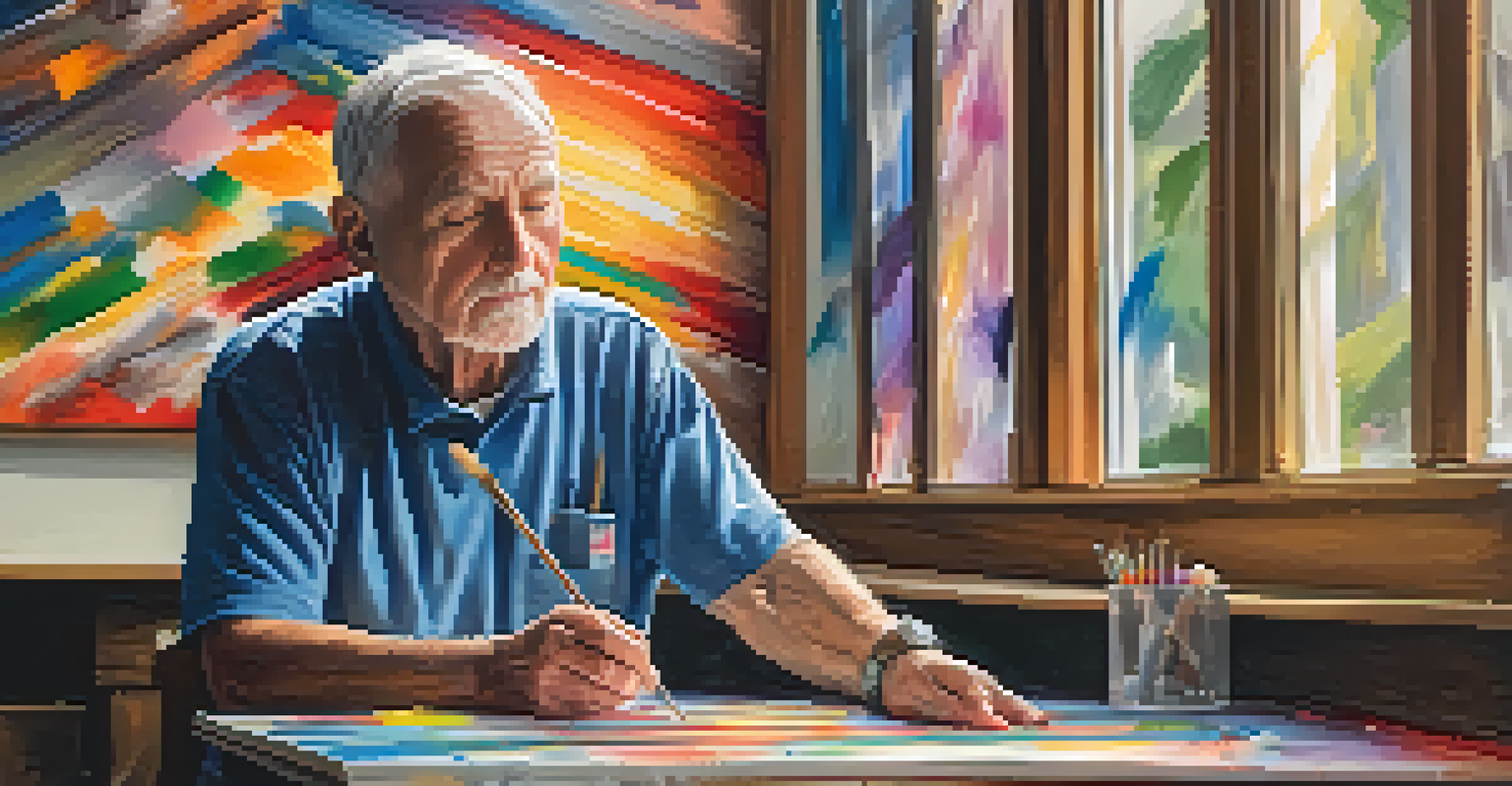 A veteran painting in an art therapy session, surrounded by colorful canvases and warm lighting.