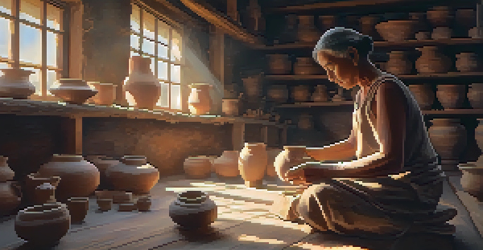 A potter working on a clay wheel, with sunlight illuminating the room and highlighting various pottery pieces around them.