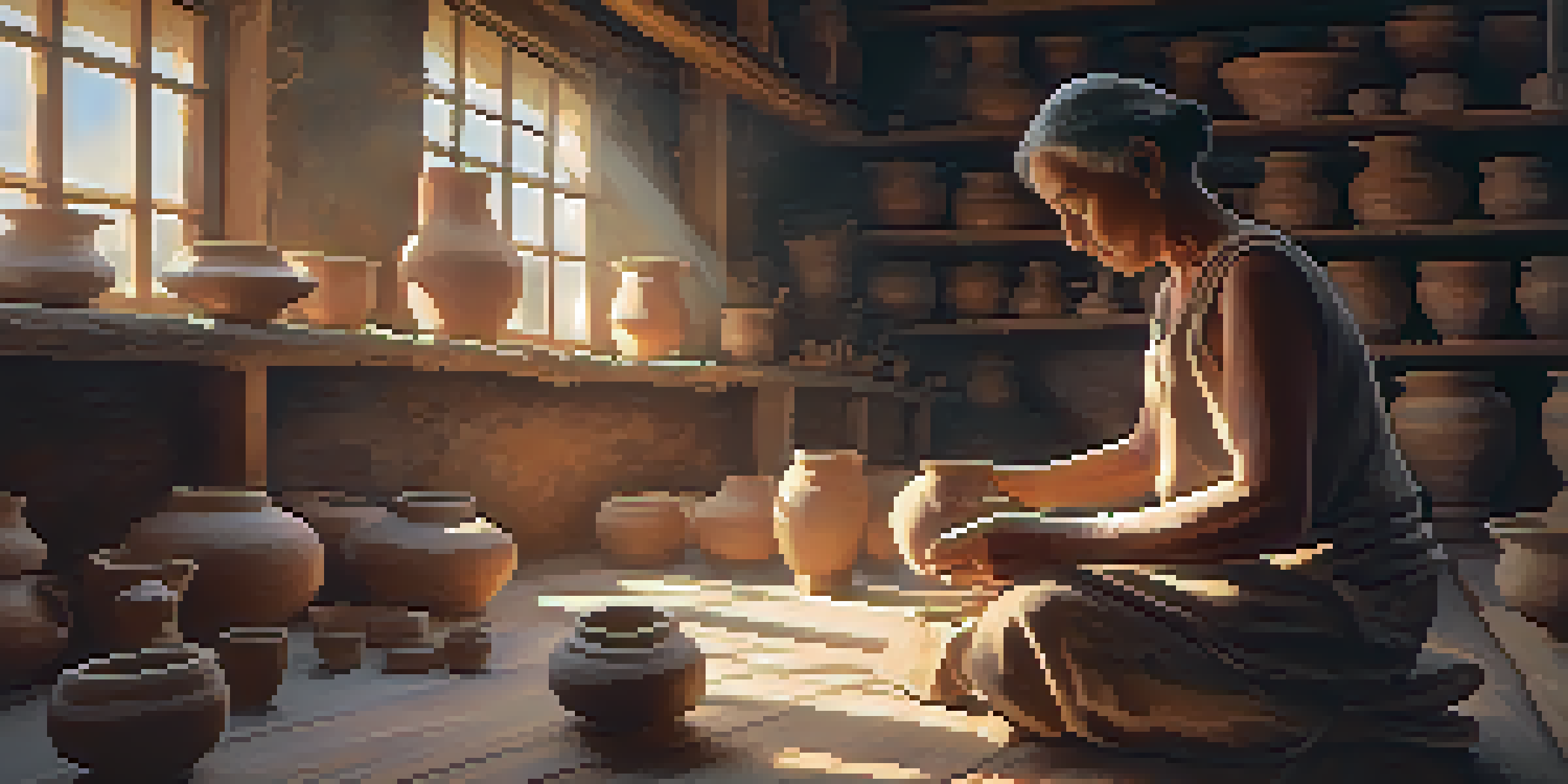 A potter working on a clay wheel, with sunlight illuminating the room and highlighting various pottery pieces around them.