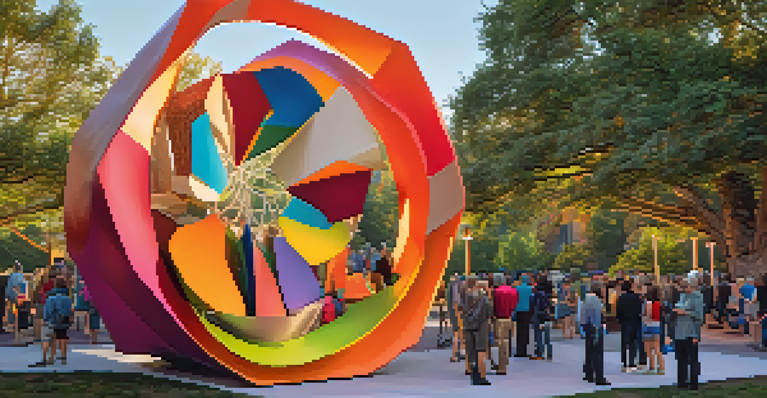 A large abstract sculpture made of recycled materials in an urban park, with people gathered around in the evening light.
