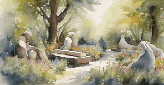 An outdoor art installation with large natural sculptures surrounded by greenery and wildflowers, illuminated by soft sunlight.