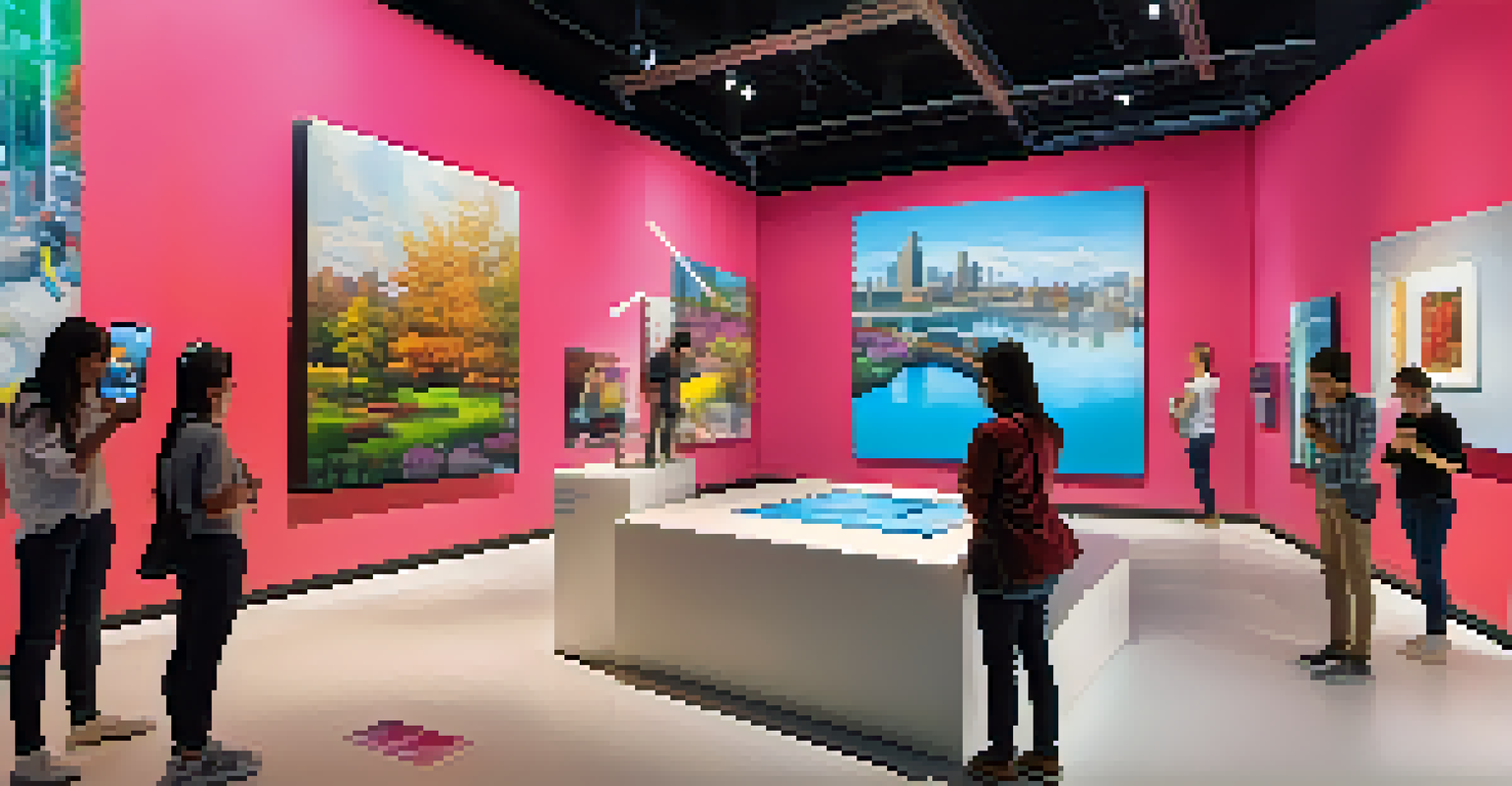 A modern art exhibit where visitors use smartphones to interact with augmented reality features, surrounded by vibrant artworks and a sleek environment.