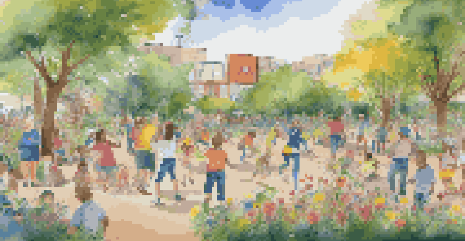 A community gathering in a park where people are painting a large mural, surrounded by greenery and flowers.