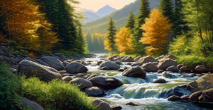 A peaceful river meandering through a lush forest with sunlight peeking through the trees, showcasing vibrant greens and warm golden tones.