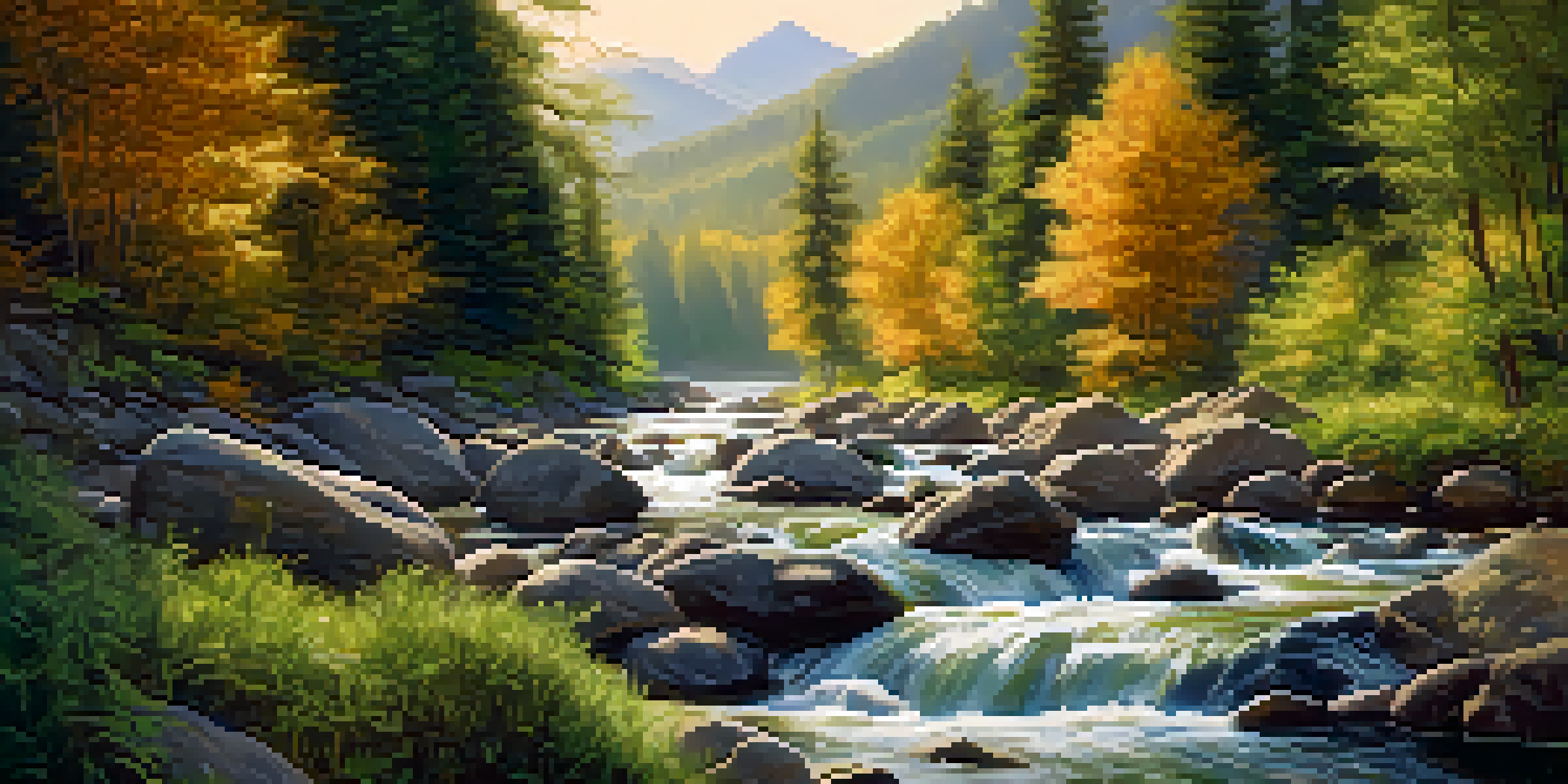 A peaceful river meandering through a lush forest with sunlight peeking through the trees, showcasing vibrant greens and warm golden tones.
