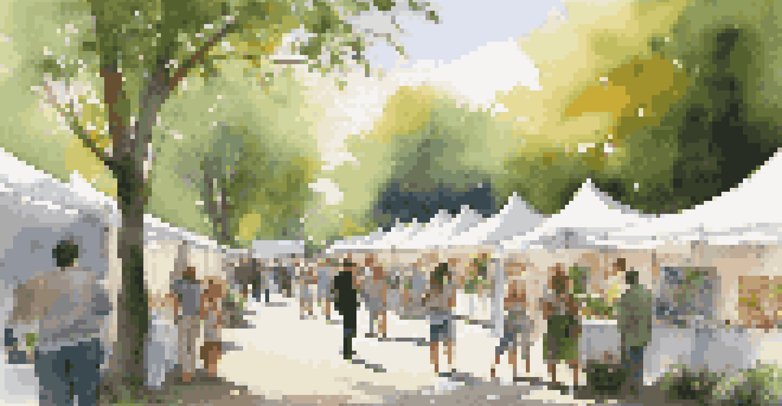 An outdoor art fair with artists under tents and visitors exploring various artworks surrounded by greenery.