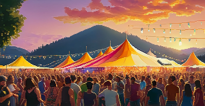 A lively music festival with a diverse group of people dancing and enjoying a performance at sunset.
