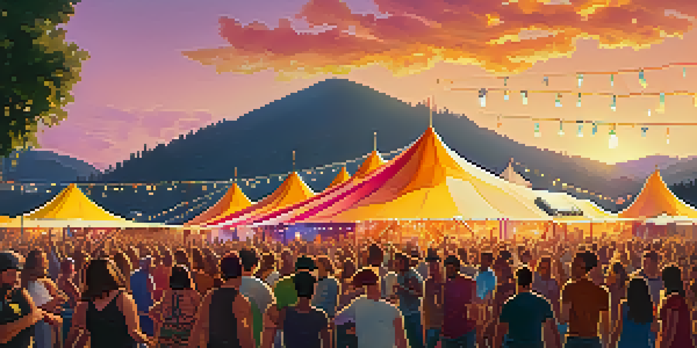 A lively music festival with a diverse group of people dancing and enjoying a performance at sunset.