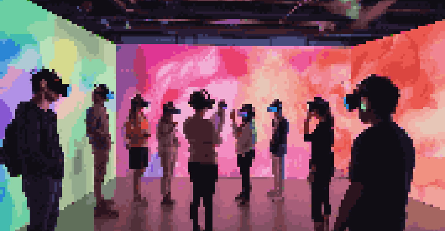 Visitors wearing VR headsets in a dark room filled with colorful projections of digital artworks, showing a futuristic art experience.